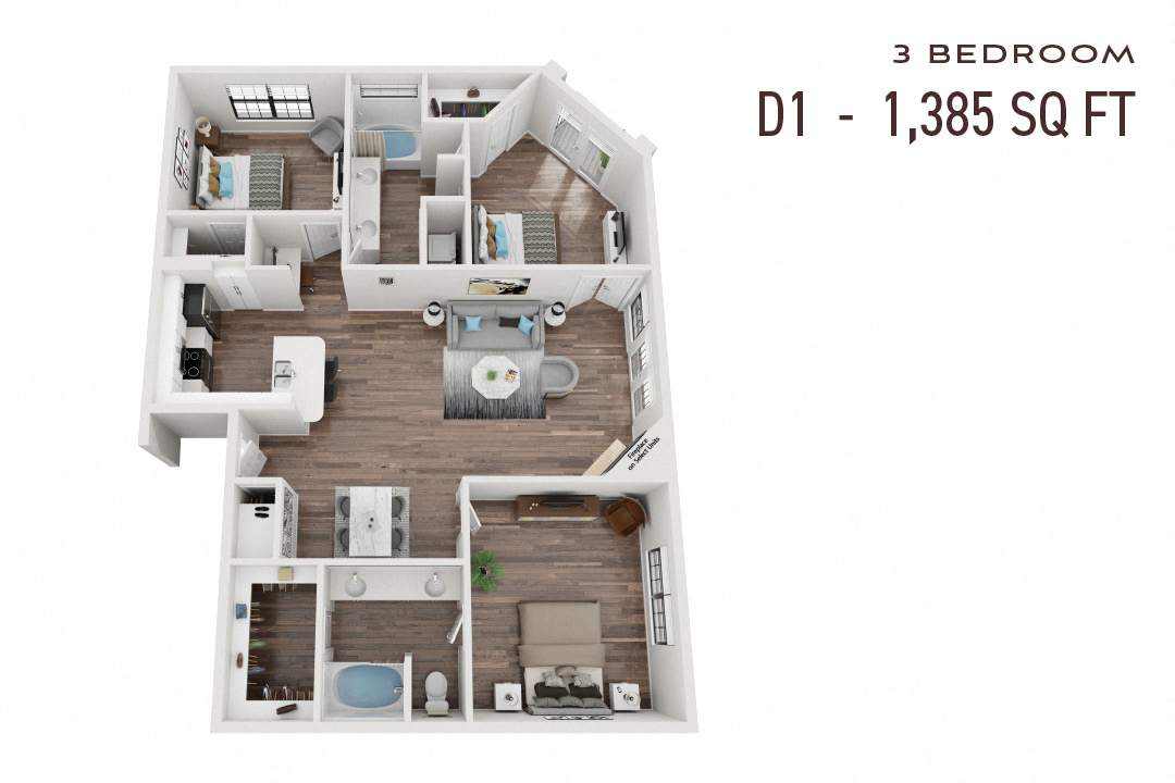 Floor plan for 3 beds, 2 baths, 1385 sqft